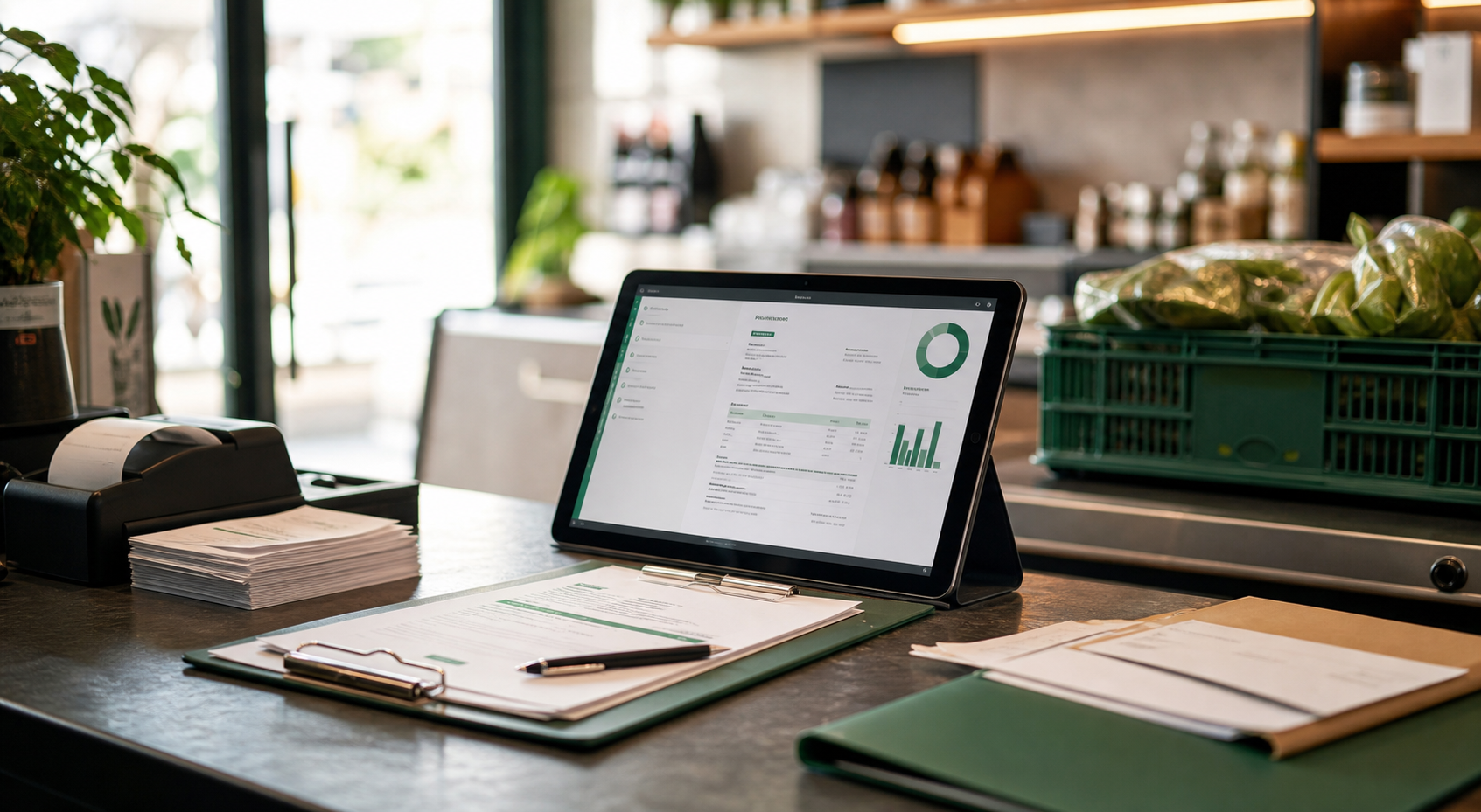 Digitale Rechnungs- und Belegverwaltung auf einem Tablet in einem kleinen Gastronomiebetrieb