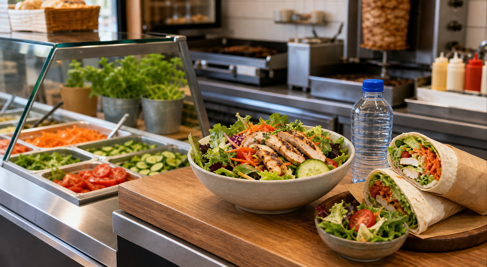 Frische Salatbowl und Wrap auf einem Imbiss-Tresen