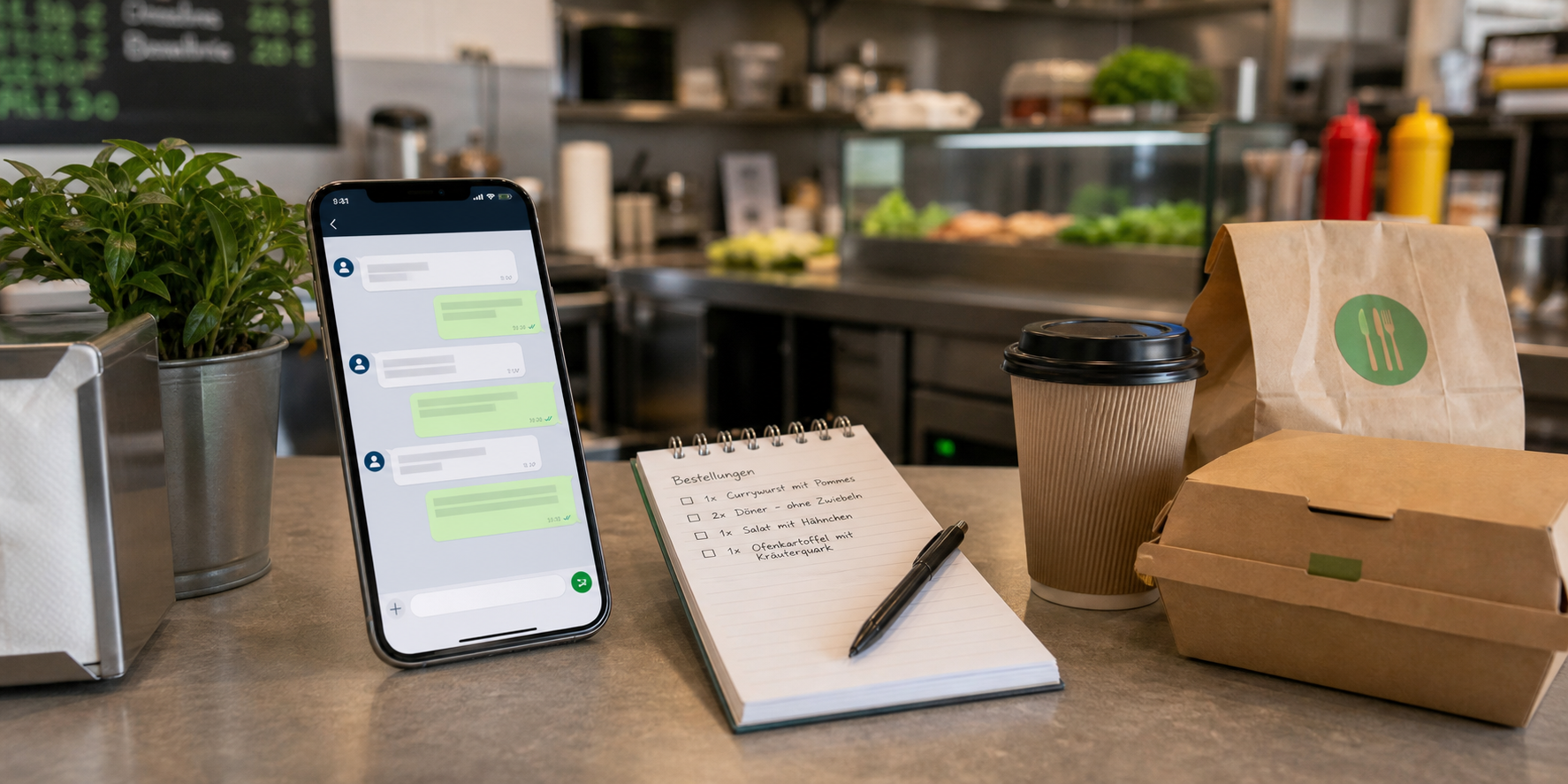 Smartphone mit generischen Nachrichten auf einem Imbiss-Tresen